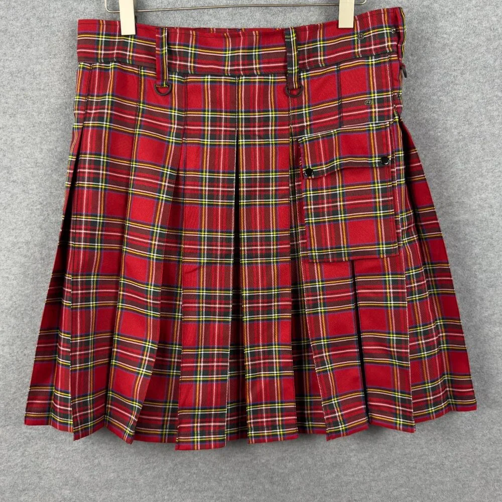 Red Plaid Utility Kilt-Style Mini Skirt, Belted + Snap Pockets, Large - Picture 2 of 9